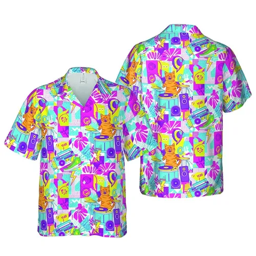 Ginger Tabby Cats Music Equipment 80s 90s Pop Icons Neon Blue Purple Pattern Short-sleeve Hawaiian Shirt