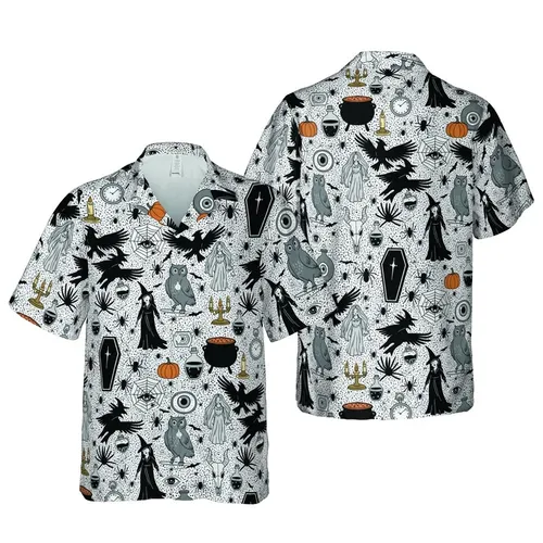 Flying Witches Skulls Ravens Coffins Evil Eye Spiderweb Bats Cauldron Design Short-sleeve Hawaiian Shirt