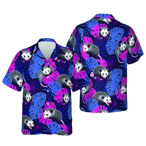 Opossum Hawaii Botanical Design: Snarling Opossums Split-Leaf Palm Vibrant Blue Fuchsia Short-sleeve Hawaiian Shirt