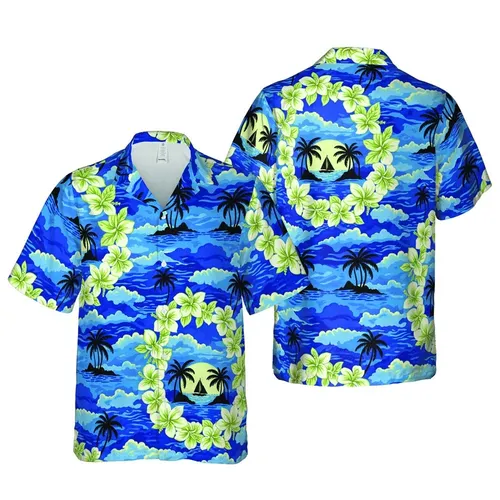 Hawaiian Deep Blue Ocean Silhouette Palm Tree Sailboat Pale Green Sunset Design Short-sleeve Hawaiian Shirt