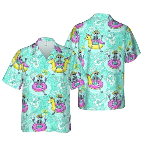 Skeletons Pool Party Pink Donut Float Yellow Unicorn Drinks Ice Cream Water Ripple Scene Short-sleeve Hawaiian Shirt