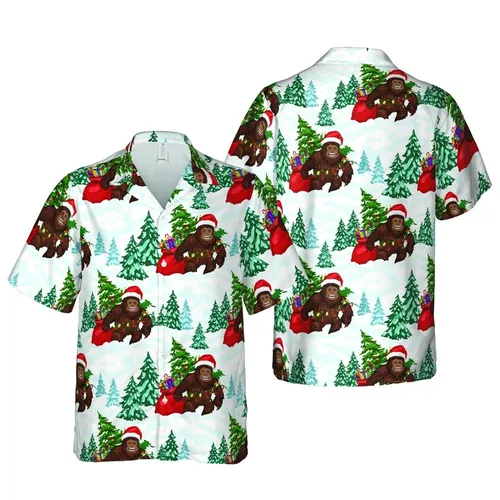 Bigfoot Sasquatch Santa Hat Presents Lights Snow Pine Hawaiian Seamless Short-sleeve Hawaiian Shirt