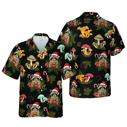 Raccoon Santa Hat Toadstool Holly Pinecone Candy Cane Black Forest Design Short-sleeve Hawaiian Shirt