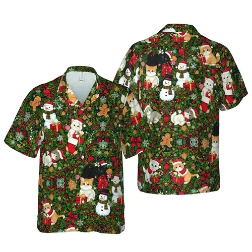 Kitten Santa Hat & Suit Tropical Christmas Pattern Snowmen Holly Gingerbread Design Short-sleeve Hawaiian Shirt