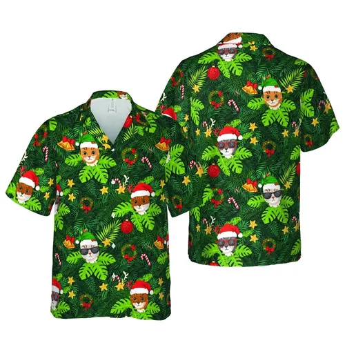 Christmas Cat Hawaiian Fabric Print: Feline Santa Hat Design, Ornaments & Pine Short-sleeve Hawaiian Shirt