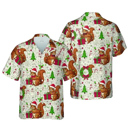 Red Squirrel Santa Hat Hawaiian Christmas Lights Candy Cane Holly Textile Print Short-sleeve Hawaiian Shirt