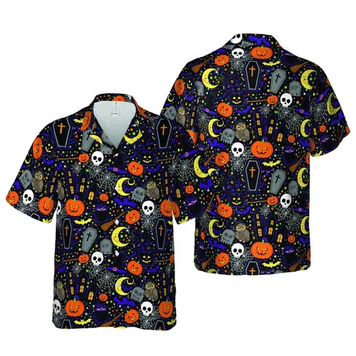 Haunted Aloha: Orange Black Houses, Skulls, Jack-o'-Lanterns, Bats, Moons Print Short-sleeve Hawaiian Shirt