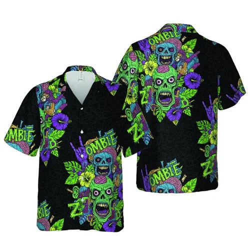 Horror Comic Zombie Hawaiian Design: Grotesque Heads, Rock-On Hands, Decaying ZOMBIE Text Short-sleeve Hawaiian Shirt