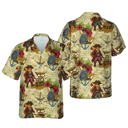 Pirate Squirrel Crew: Gold Coin, Galleon, Compass Map Design - Seamless Edge-to-Edge Print Short-sleeve Hawaiian Shirt