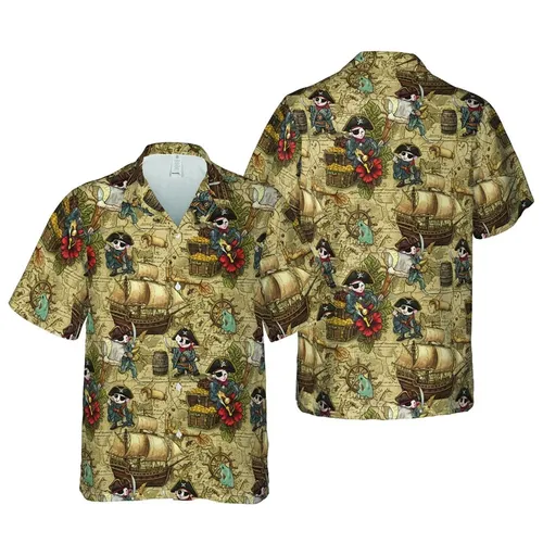 Sugar Glider Pirate Crew Galleons Cutlasses Gold Coins Sepia Treasure Map Pattern Short-sleeve Hawaiian Shirt