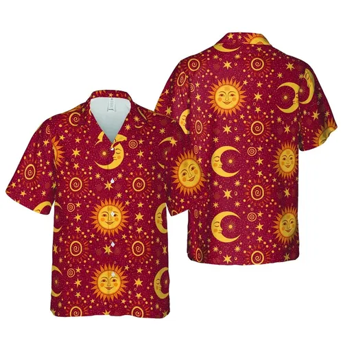 Golden Smiling Sun Wavy Rays Sleeping Moon Red Intricate Botanical Tile Pattern Short-sleeve Hawaiian Shirt