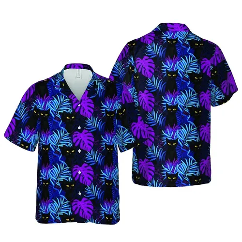 Black Cat Lover Hawaiian Golden Eye Cats Cyan Magenta Monstera Deep Black Pattern Short-sleeve Hawaiian Shirt