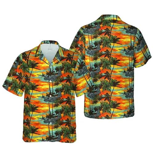 C-130 Military Plane Tropical Island Sunset Palm Tree Repeat Fabric Tile Short-sleeve Hawaiian Shirt