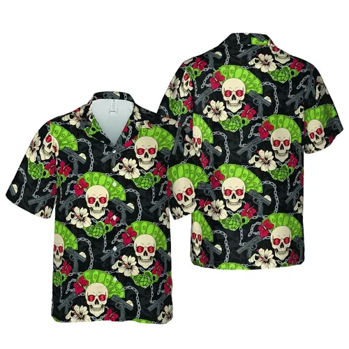 Tropical Skull Pattern with Dollar Signs, Pistols, Grenades, Brass Knuckles Fabric Design Short-sleeve Hawaiian Shirt