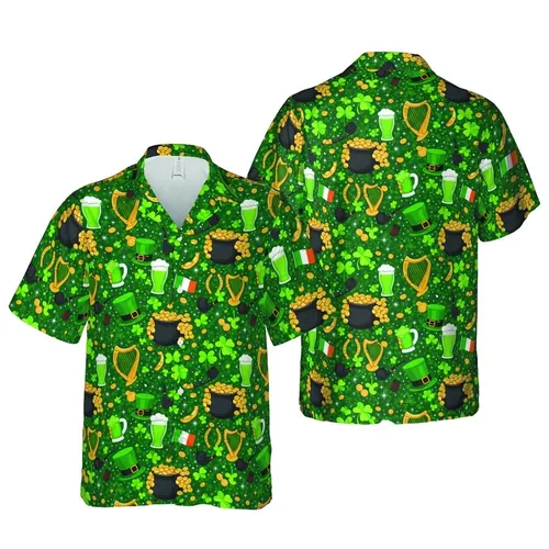 St Patrick's Day Leprechaun Gold Pot Green Beer Shamrock Harp Flag Emerald Starburst Short-sleeve Hawaiian Shirt