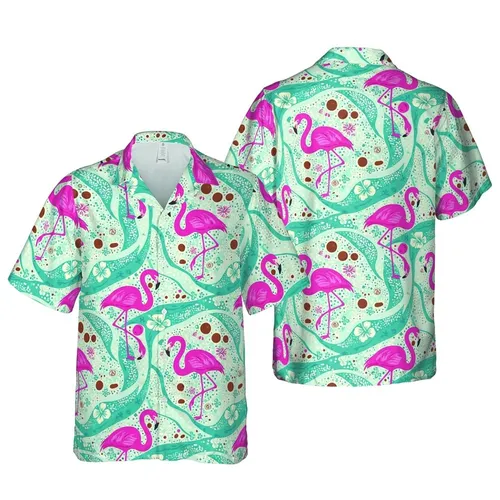 Unisex Pink Flamingo Hawaiian Teal Blue Wavy Floral Cream Dot Mosaic Short-sleeve Hawaiian Shirt