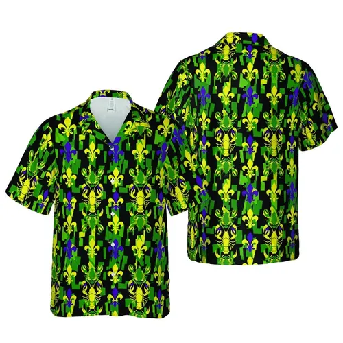 Hawaiian Fleur-de-lis Lobster Pattern: Yellow Green Purple Black Geometric Mosaic Design Short-sleeve Hawaiian Shirt
