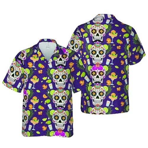 Ornate Sugar Skulls Fiesta Hawaiian Design, Floral Margaritas & Purple Waves Short-sleeve Hawaiian Shirt