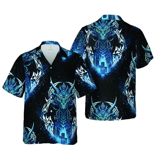 Blue Teal Dragon Head Futuristic Cityscape Cosmic Void Tribal Hawaiian Botanical Design Short-sleeve Hawaiian Shirt