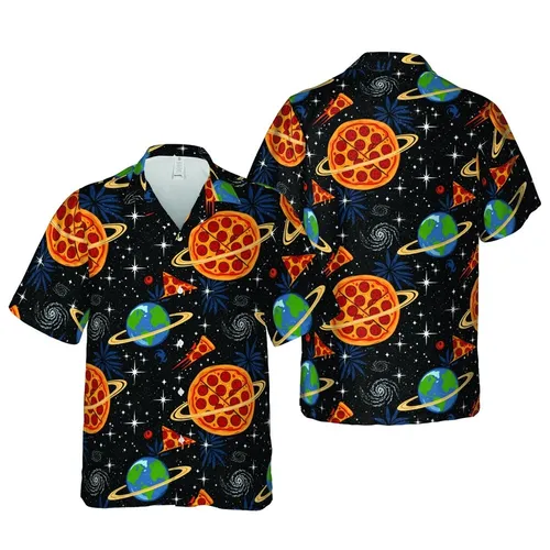 Edge-to-Edge Hawaiian Pizza Planets Galaxy Golden Rings Luminous Stars Design Short-sleeve Hawaiian Shirt