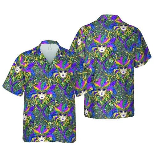 Ornate Venetian Mardi Gras Masks, Golden Saxophones, Peacock Feather Mosaic Design Short-sleeve Hawaiian Shirt