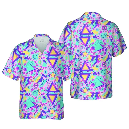 80s 90s Memphis Hawaiian: Geometric Shape Pattern, Tropical Botanical Mosaic Short-sleeve Hawaiian Shirt