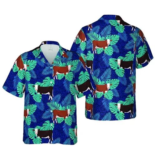 Brown White Hereford Cattle Teal Tropical Leaf Seamless Pattern Densely Detailed Navy Mosaic Short-sleeve Hawaiian Shirt
