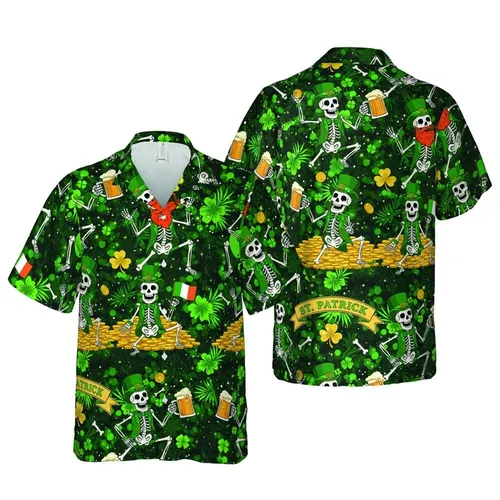 St. Patrick's Day Skeleton Leprechauns Hawaiian Pattern Shamrocks Gold Coins Green Beer Short-sleeve Hawaiian Shirt