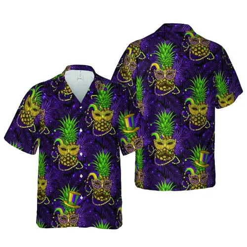 Mardi Gras Pineapple Mask Jester Hat Purple Green Gold Palm Frond Pattern Short-sleeve Hawaiian Shirt