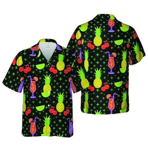 Neon Outline Tropical Cocktails Pineapple Cherry Lime Black Starry Textile Pattern Short-sleeve Hawaiian Shirt