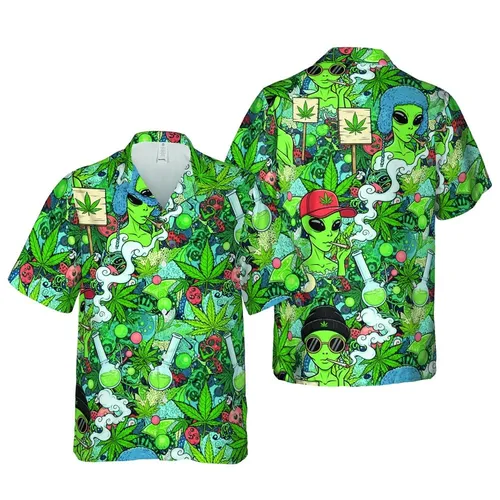 Green Alien Cannabis Leaf Smoking Characters Tropical Hawaiian Fabric Pattern Short-sleeve Hawaiian Shirt