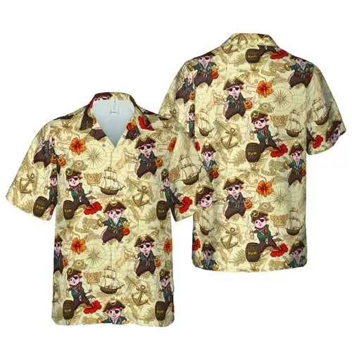 Possum Pirate Crew Nautical Hawaiian Pattern Antique Map Gold Coins Design Short-sleeve Hawaiian Shirt