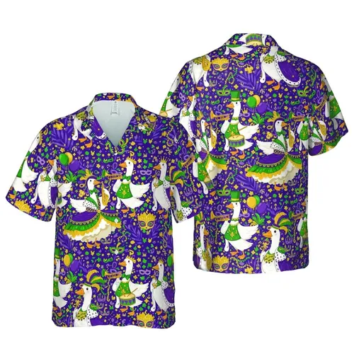 Mardi Gras Geese Celebration: Crowned Robes, Feathered Hats, Trumpets, Masks, Fleur-de-Lis Icons Short-sleeve Hawaiian Shirt