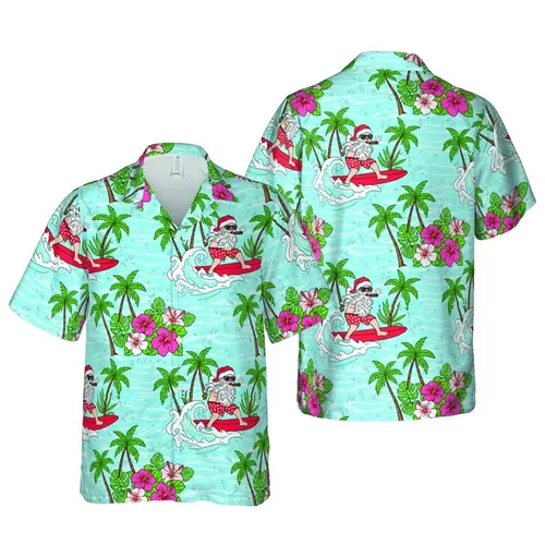 Surfing Santa Claus Hawaiian Pattern: Red Boardshorts, Cigar, Palm Tree, Ocean Waves Short-sleeve Hawaiian Shirt