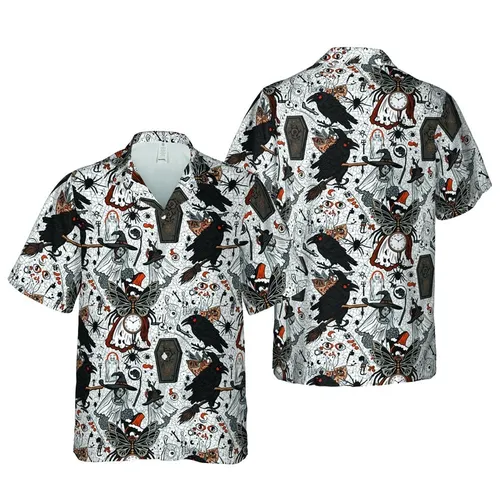Tropical Occult Witches, Zombies & Ghostly Ladies Pattern: Skulls, Grimoires, Spiderwebs Short-sleeve Hawaiian Shirt