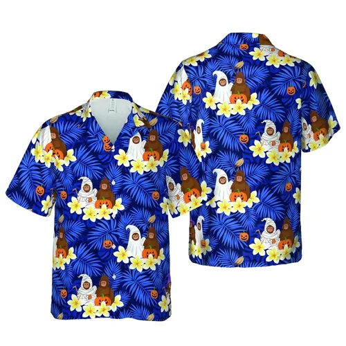 Bigfoot Hawaiian Halloween: Witch Ghost Mummy, Jack-O'-Lantern, Indigo Palm Hibiscus Short-sleeve Hawaiian Shirt