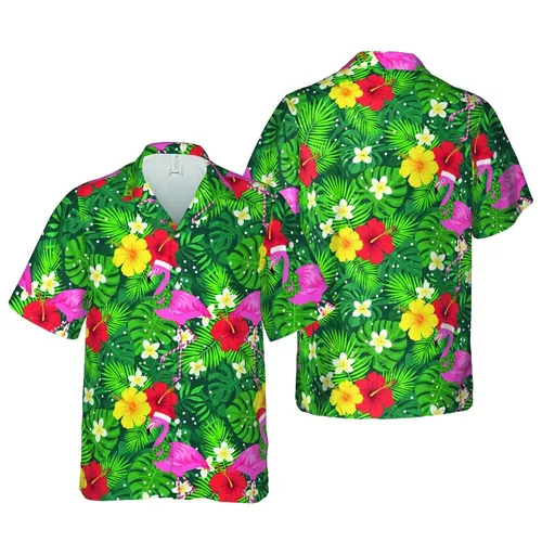 Flamingos in Santa Hats: Tropical Holiday Hibiscus & Monstera Foliage - Forest Green Pink Red Short-sleeve Hawaiian Shirt
