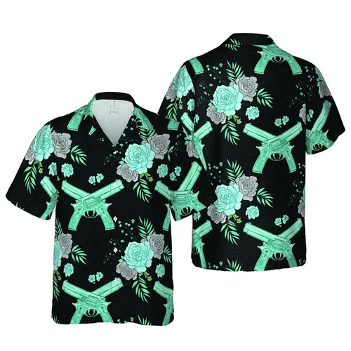 Blue Cyan Roses, Metallic Teal Handguns, Engraved Grips, Deep Black Mosaic Short-sleeve Hawaiian Shirt