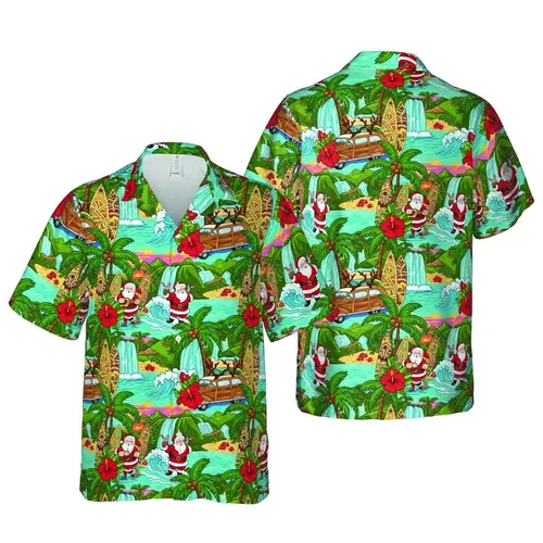 Santa Hawaiian Adventure Design: Surfing Santa, Beach Scenes, Woody Car & Reindeer Print Short-sleeve Hawaiian Shirt
