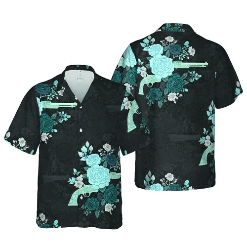 Hawaiian Ornate Roses & Pistols: Light Blue Floral, Engraved Cyan, Dark Teal Motif Short-sleeve Hawaiian Shirt