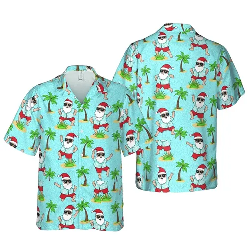 Santas Wearing Hawaiian Shirts Dancing Tropical Palm Trees Sand Blue Background Pattern Short-sleeve Hawaiian Shirt
