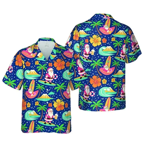 Santa Claus Vacation Surfing Waves Tropical Palm Tree Hibiscus Beach Island Pattern Short-sleeve Hawaiian Shirt