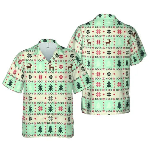 Hawaiian Brown Reindeer Blue-Green Trees Snowflake Heart Motif Pixel Knit Cream Sky Short-sleeve Hawaiian Shirt