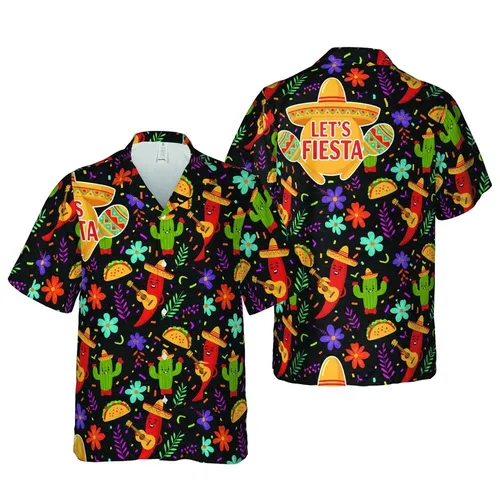 Let's Fiesta Sombrero Chili Cactus Guitars Maracas Tacos Confetti Fabric Print Short-sleeve Hawaiian Shirt