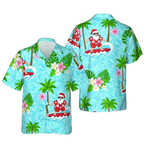 Surfing Santa Claus Christmas Hawaiian Red Shirt Polka Shorts Palm Ocean Design Short-sleeve Hawaiian Shirt