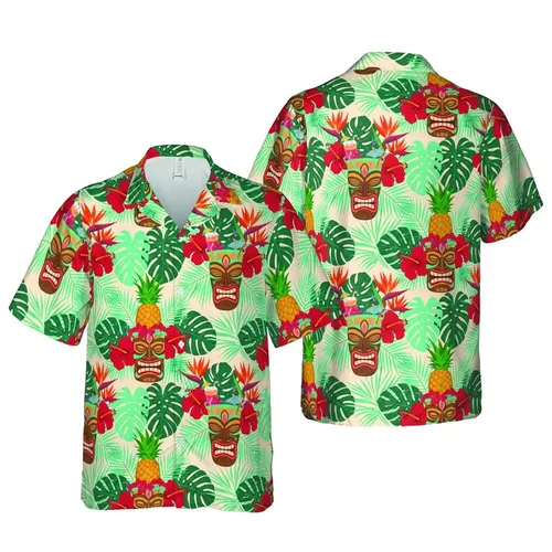 Hawaiian Tiki Mask Pineapple Red Hibiscus Palm Monstera Teal Green Pattern Short-sleeve Hawaiian Shirt