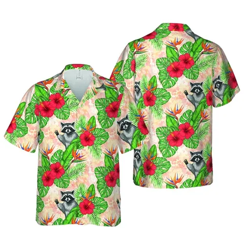 Raccoon Waving Peeking Hawaiian Hibiscus Bird Of Paradise Foliage Peach Wash Pattern Short-sleeve Hawaiian Shirt