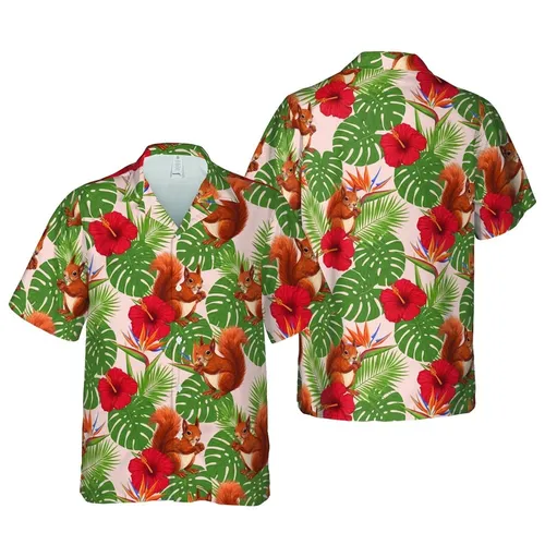 Realistic Red Squirrel Hibiscus Bird Paradise Monstera Palm Pink-Beige Seamless Pattern Short-sleeve Hawaiian Shirt