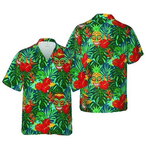 Seamless Hawaiian Tiki Mask Pineapple Hibiscus Heliconia Monstera Palm Leaf Pattern Short-sleeve Hawaiian Shirt