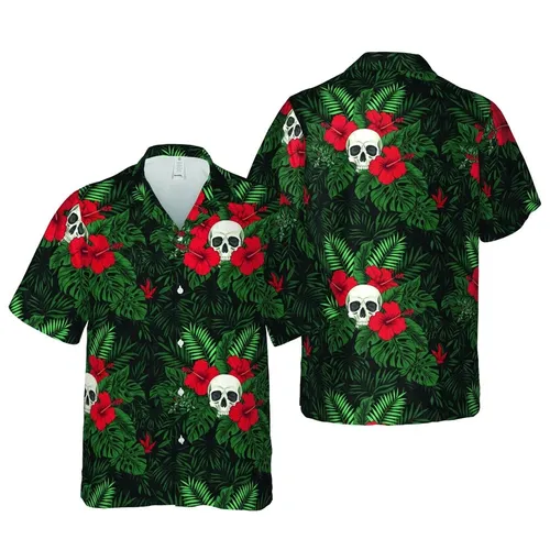 Seamless Hawaiian Skull Print: Realistic Skulls, Red Hibiscus, Dark Jungle Foliage Short-sleeve Hawaiian Shirt
